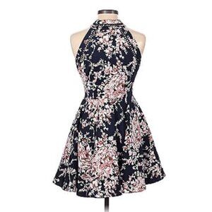 B. Darlin Navy Floral Fit & Flare Dress Sz XS High Neck Crochet Peplum Party